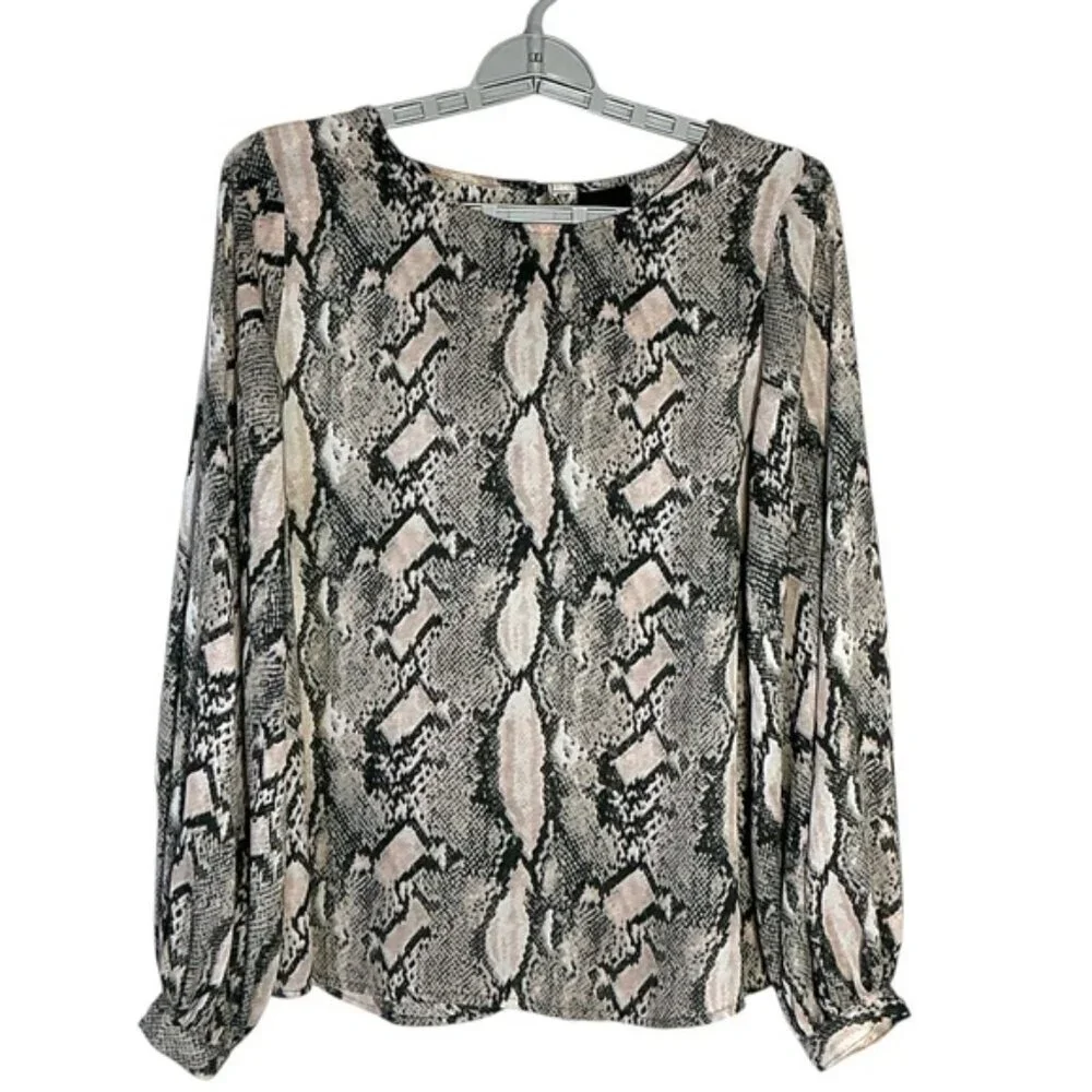 Worthington Women's Snake Print Blouse Ballon Sleeve Black Pink Blush Top XS - Picture 9 of 16